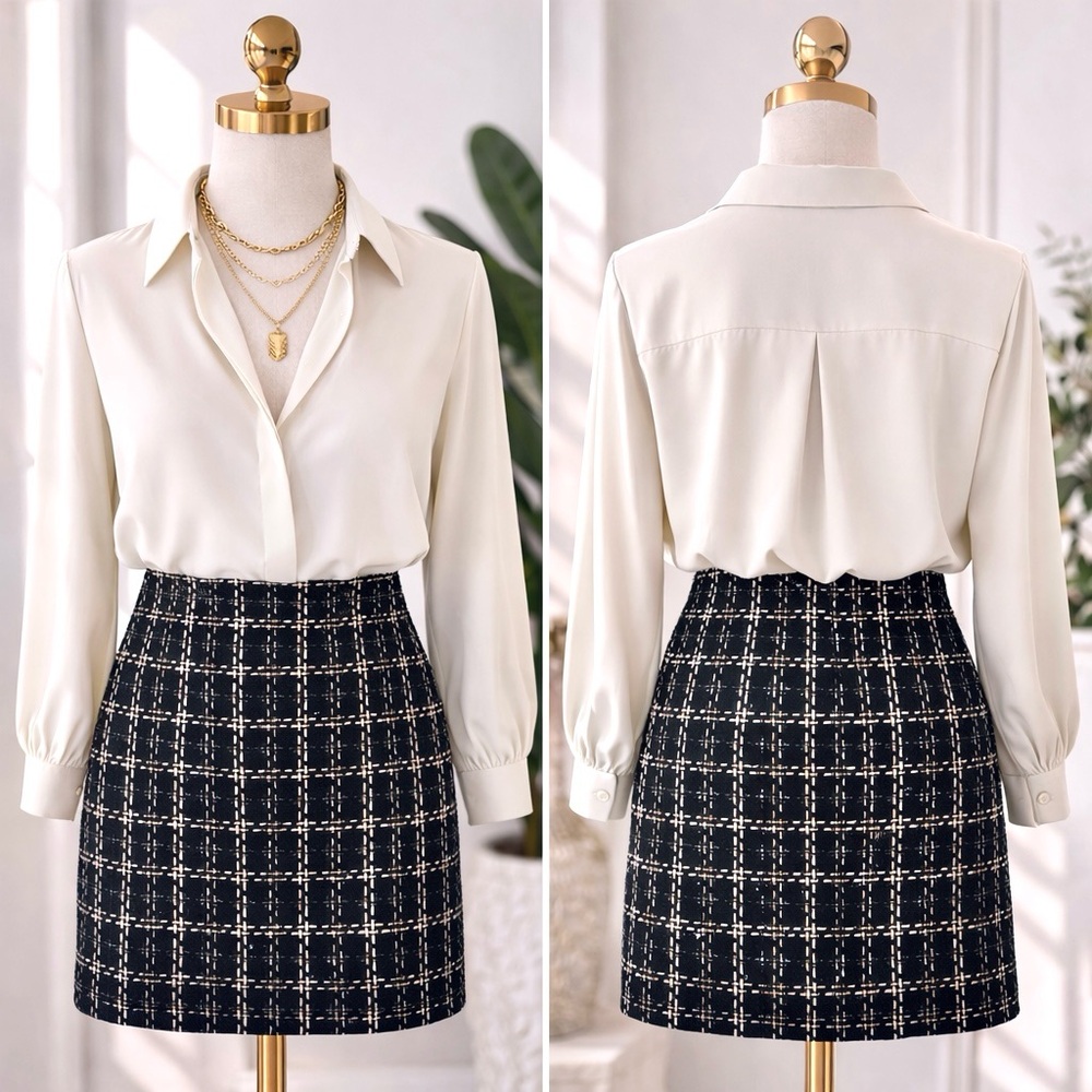STUNNING CAPSULE WARDROBE!!  Loft Plaid Tweed Skirt with Subtle Gold Threading.✨